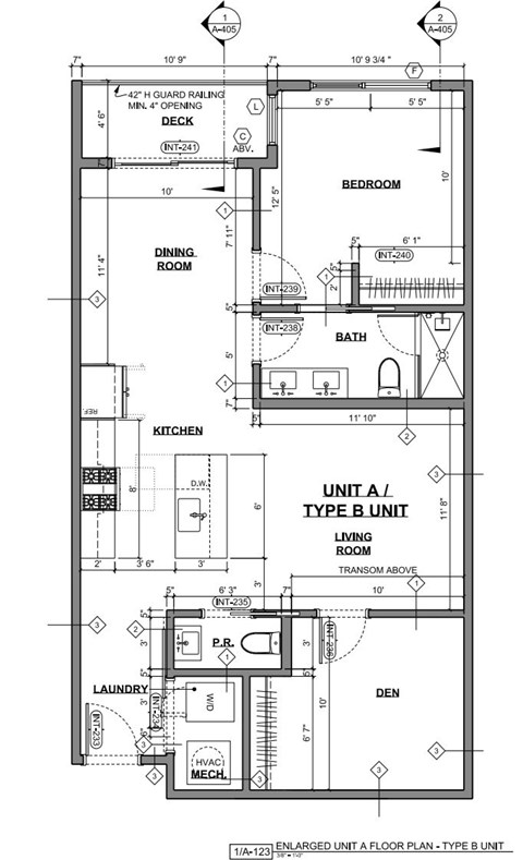 A floor plan for a Type B unit shows a living room, a dining room, a kitchen, a bathroom, and a den.